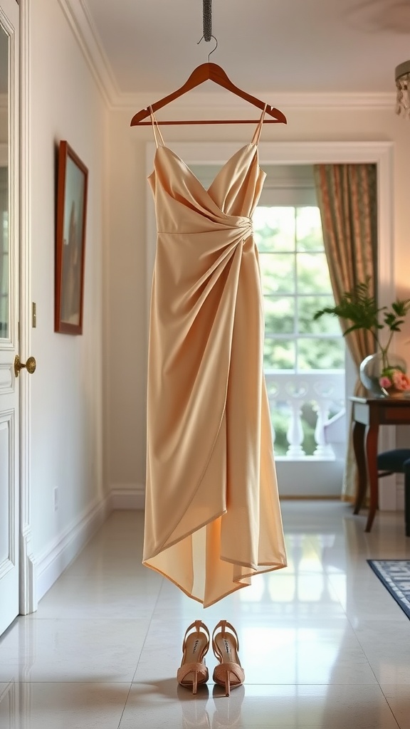 A cream satin cocktail dress on a hanger with strappy heels on the floor.