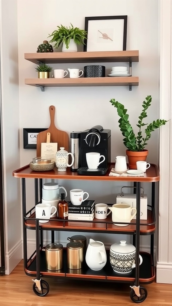 A stylish coffee cart setup featuring a Nespresso machine, mugs, and decorative plants.