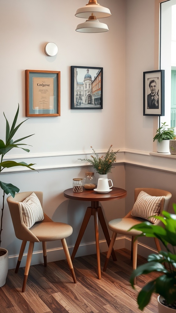 Cozy coffee corner with seating, featuring a wooden table, two chairs, and decorative elements.