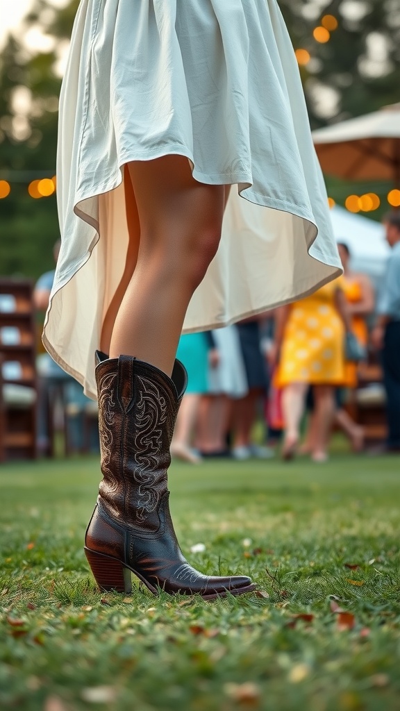 A stylish woman wearing cowboy boots with a flowing white dress at a party.