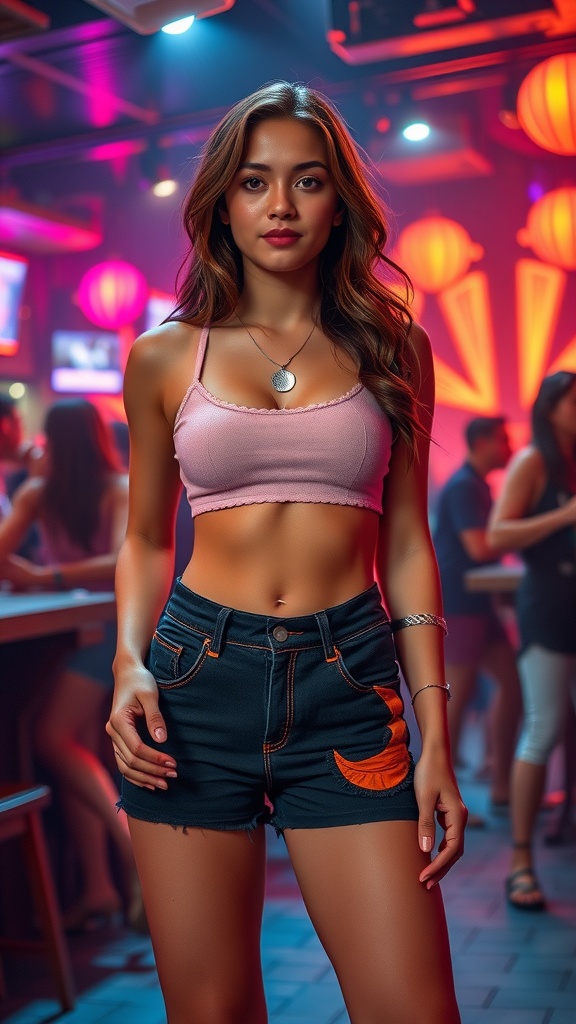 A young woman wearing a pink crop top and high-waisted shorts, posing confidently in a vibrant summer club setting.