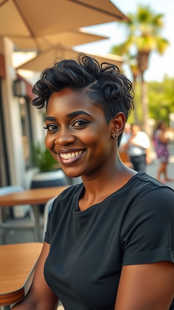 A young woman with a stylish curly tapered haircut, smiling in a casual setting.