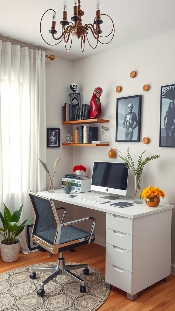 A modern workspace featuring Day of the Dead decorations, including colorful figures and wall art.