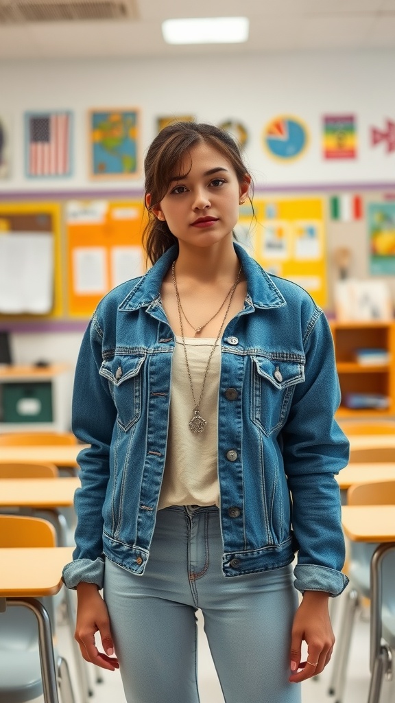A young person wearing a denim jacket over a simple top, standing in a classroom.
