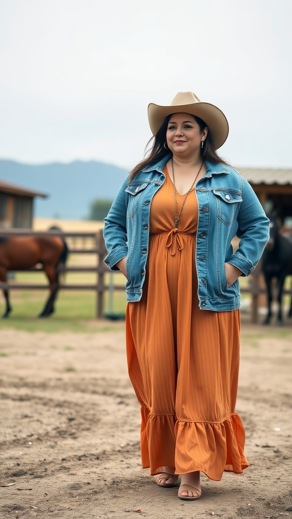 A woman in a denim jacket and an orange dress, standing outdoors with horses in the background.