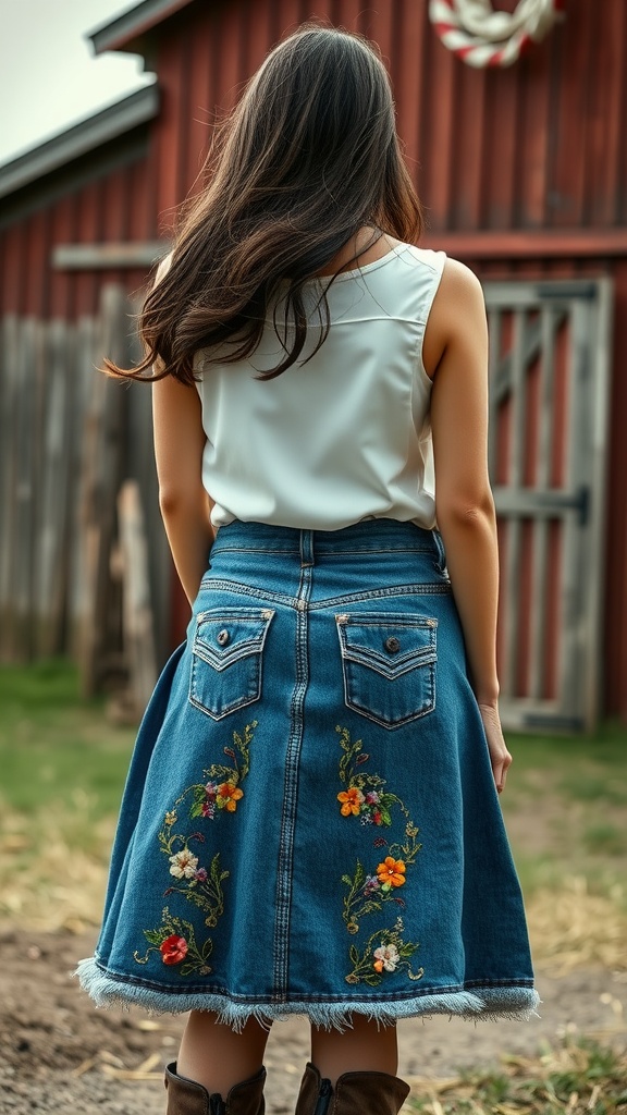A woman wearing a stylish denim skirt adorned with floral embroidery, showcasing a trendy western outfit