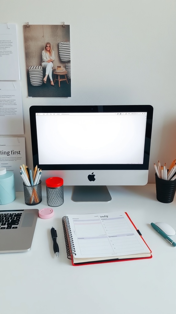 A stylish home office desk setup featuring a monitor, laptop, planner, and organized stationery.