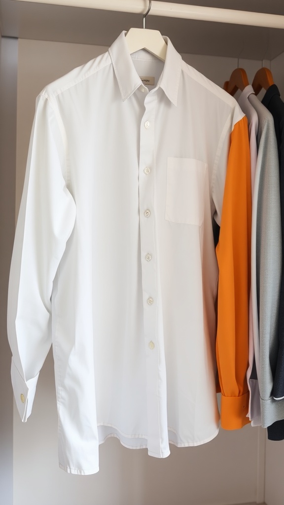 A white dress shirt hanging in a closet with colorful shirts behind it.