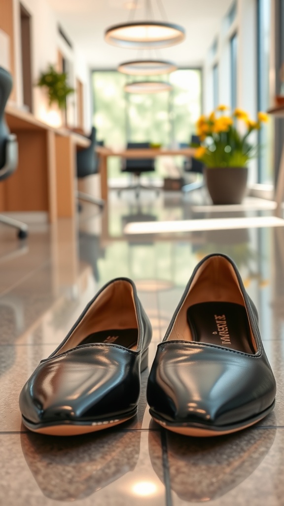 A pair of stylish black flat shoes on a polished floor in a bright office setting.