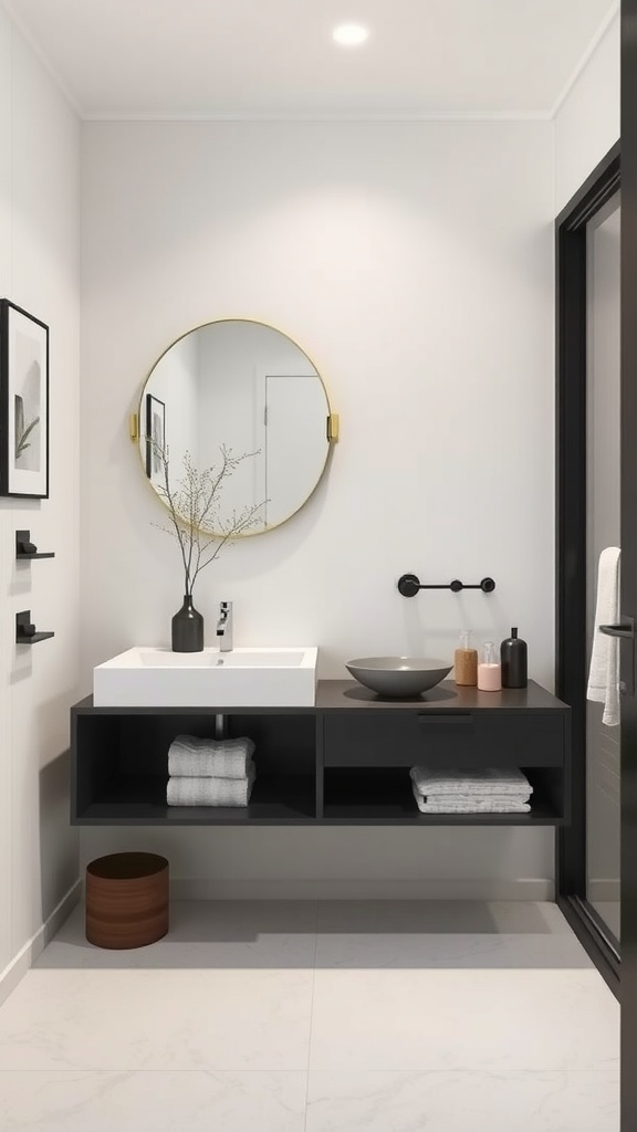 Modern floating vanity in a small bathroom with a round mirror and minimalist design