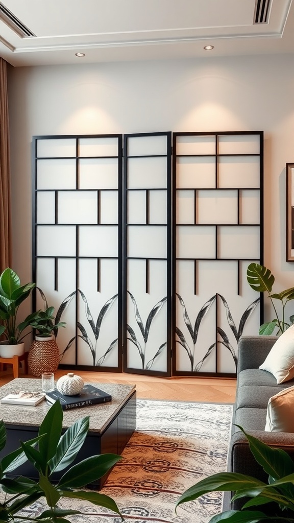 A stylish folding screen in a modern living room, featuring a leafy design and sleek black frames.