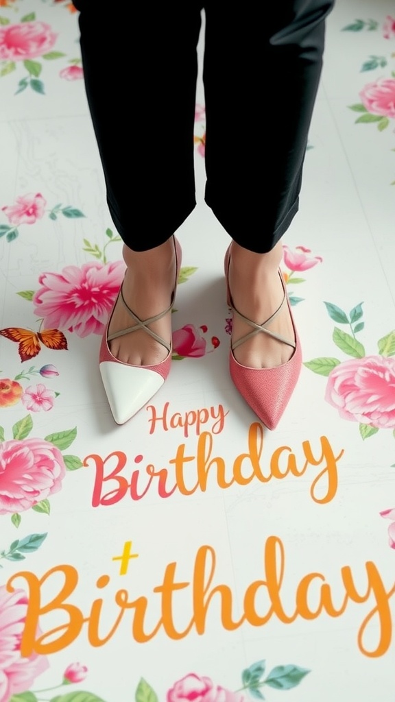 A pair of stylish pointed flats on a floral birthday-themed floor.