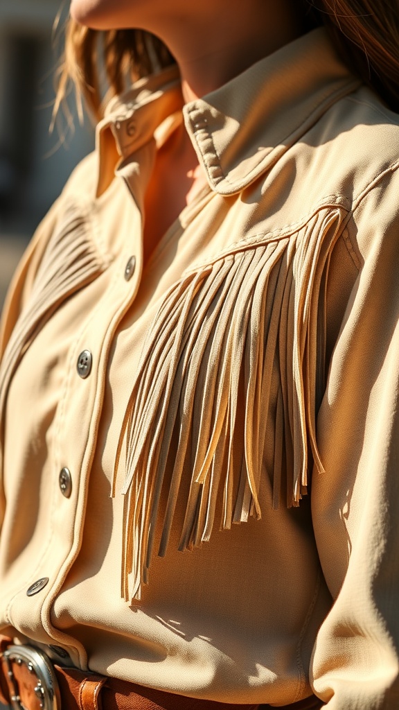 Close-up of a person wearing a tan shirt with fringe detailing.