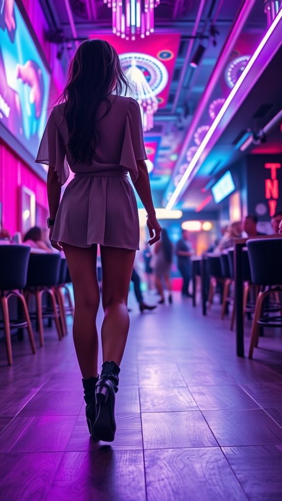 A woman wearing heeled ankle boots walking through a stylish, brightly lit venue.