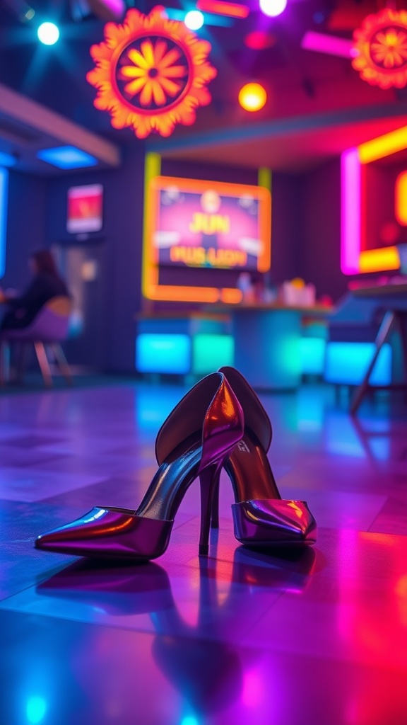 A pair of shiny, pointed-toe heels on a colorful nightclub floor