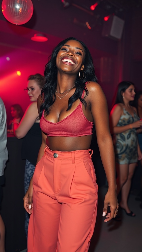 A woman smiling and wearing high-waisted pants and a crop top at a club.