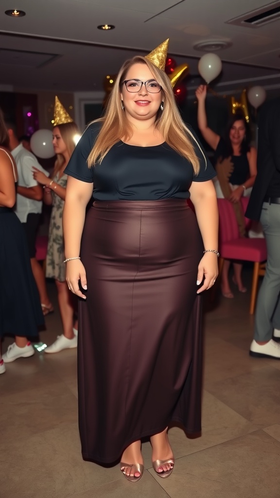 A woman in a stylish outfit featuring a high-waisted skirt and fitted top, celebrating at a birthday party