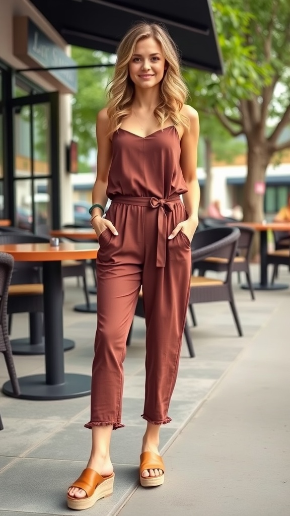 A woman wearing a brown jumpsuit and casual sandals, standing outside a café