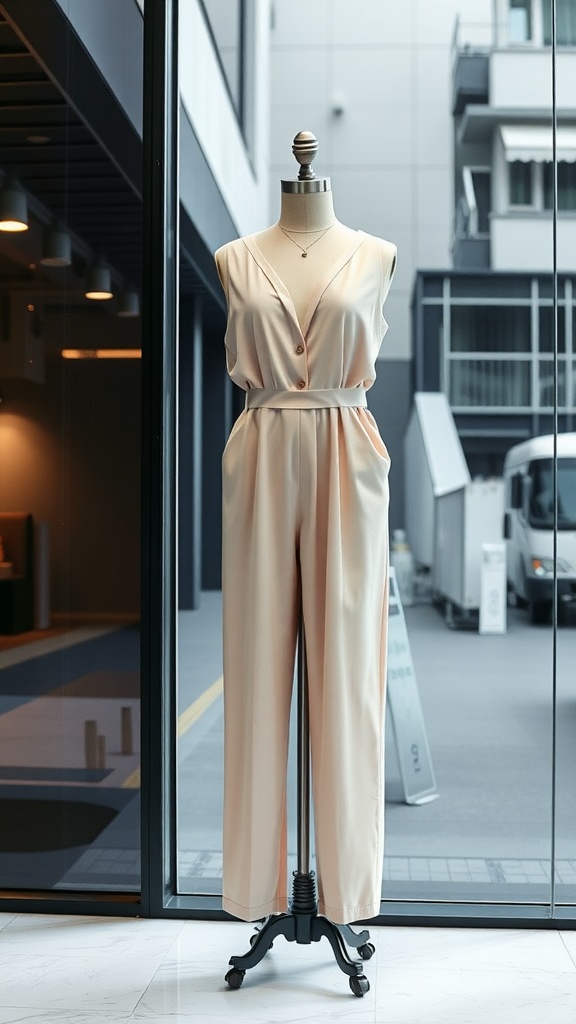 A stylish pastel jumpsuit displayed on a mannequin in a modern setting.