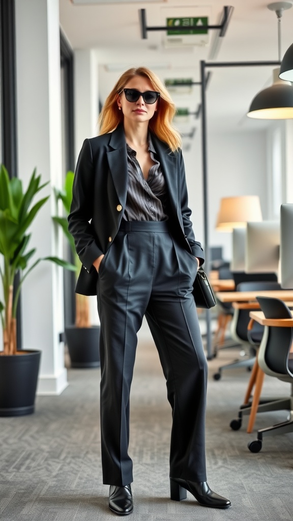 A woman wearing a stylish black jumpsuit and blazer, paired with sunglasses, in a modern office setting.