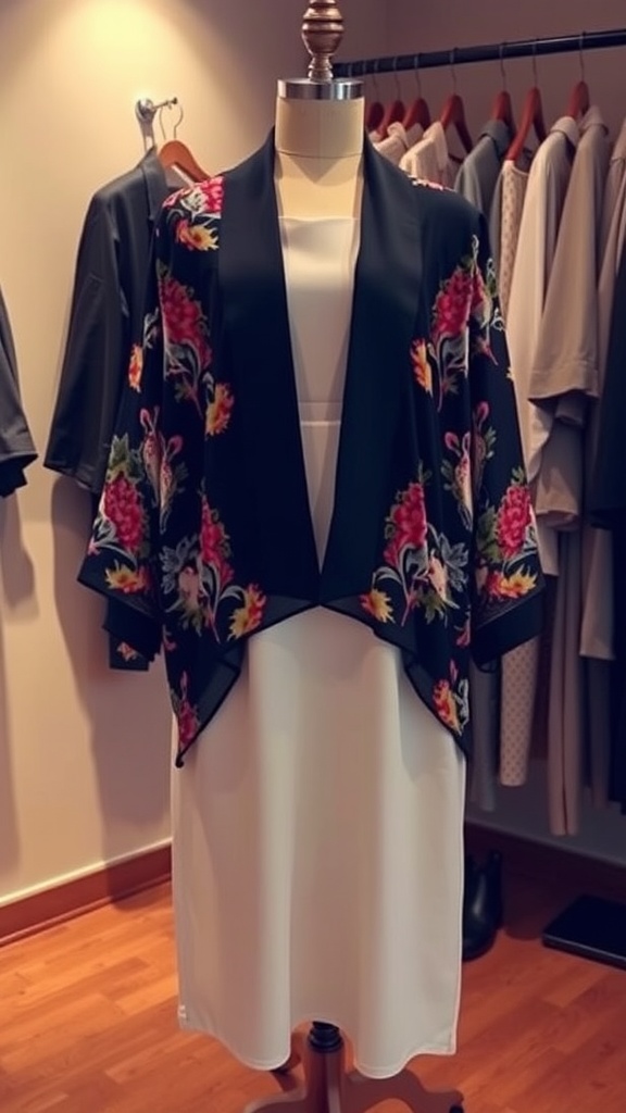 A stylish kimono jacket with floral designs over a simple white dress on a mannequin.