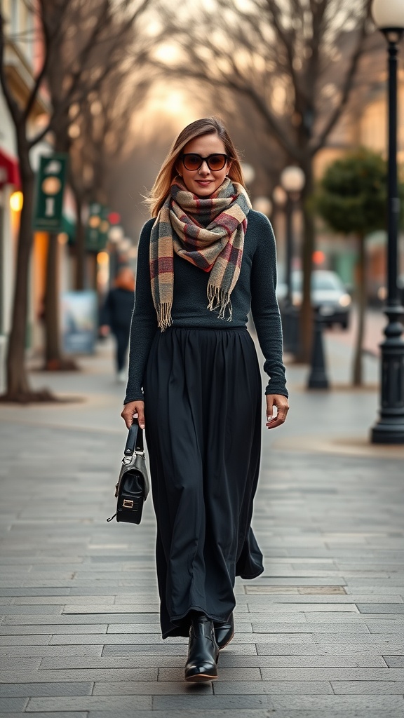 A woman wearing a black maxi skirt, oversized sweater, and a patterned scarf, walking stylishly on a street lined with trees.