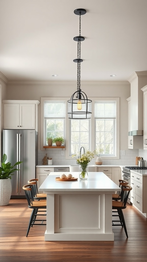 A modern farmhouse kitchen featuring a pendant light over the island, white cabinets, and wood flooring.