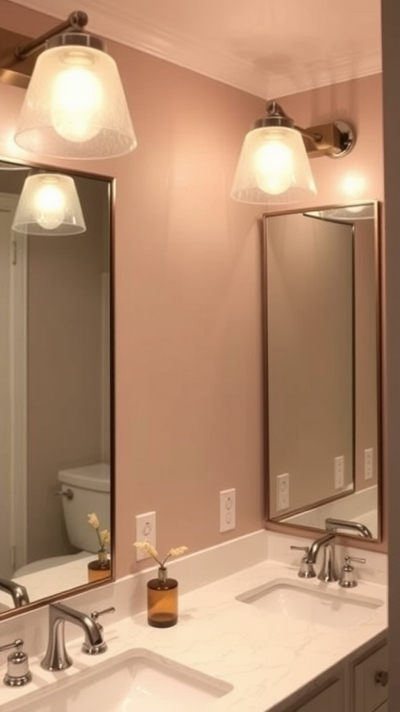 Stylish bathroom lighting fixtures above twin sinks with mirrors