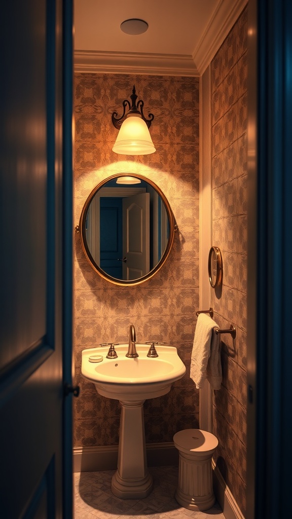 A stylish small guest bathroom with warm lighting and elegant decor.
