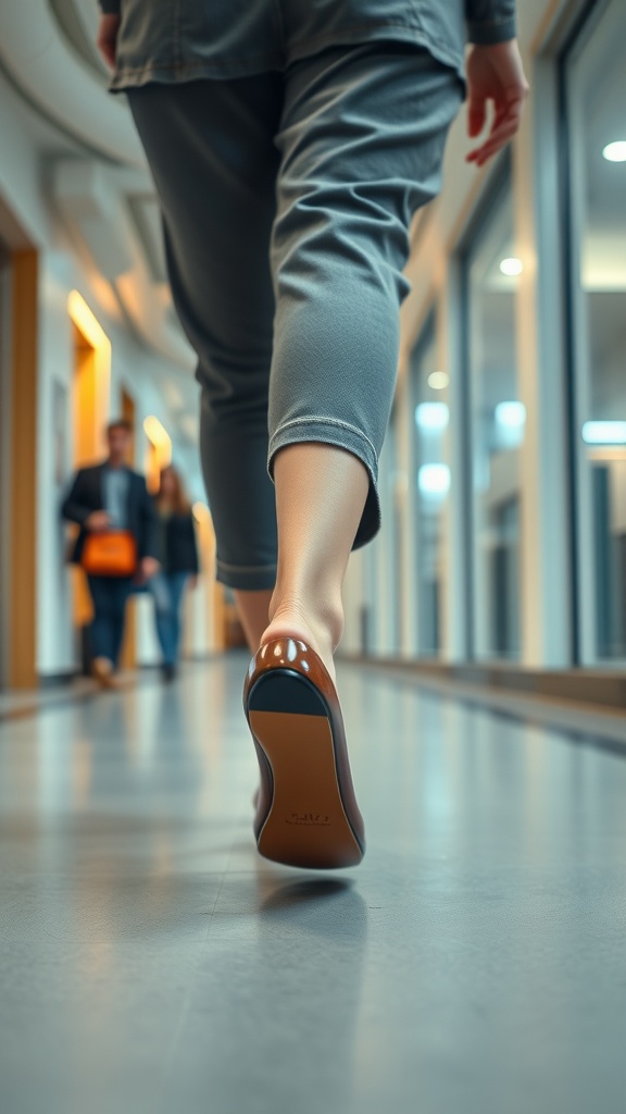 A woman walking in stylish loafers down a corridor in a professional setting.