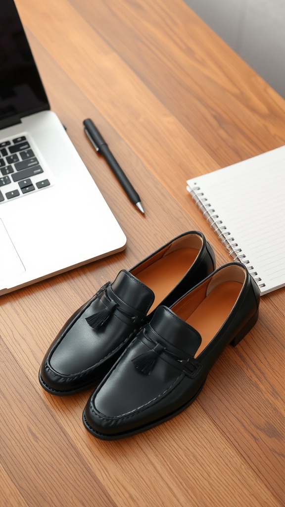 A pair of stylish black loafers with a tassel detail placed on a wooden table beside a laptop and a notebook.