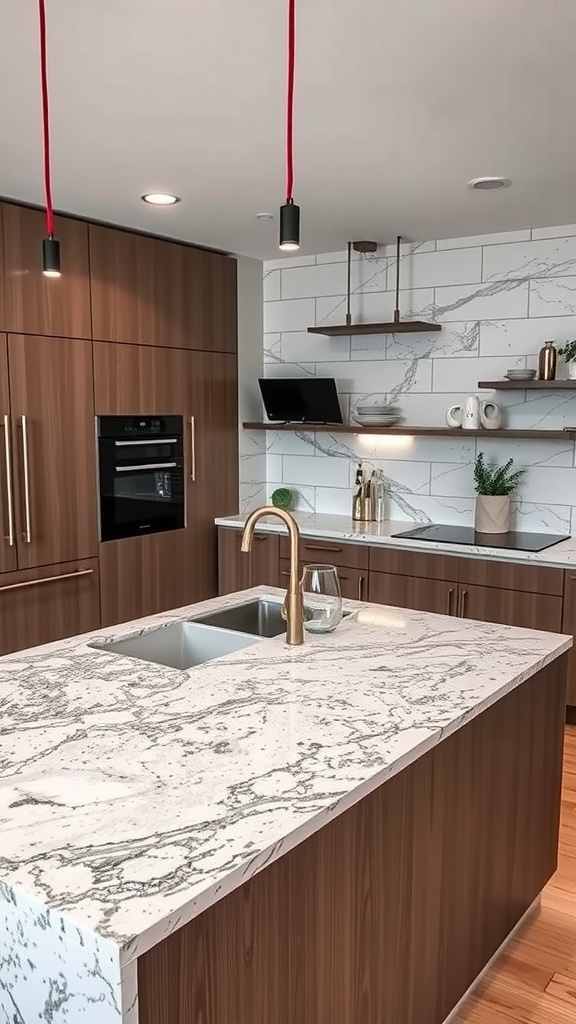 A modern kitchen with a wooden island and marble countertop, featuring red pendant lights and stylish decor.