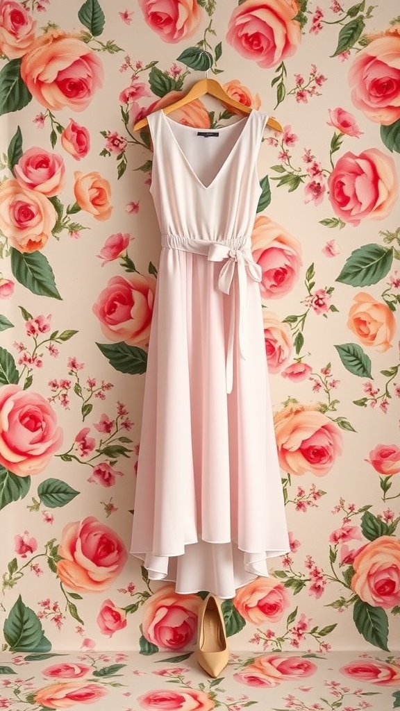 A light pink midi dress on a hanger against a floral rose wallpaper, with nude heels placed below.