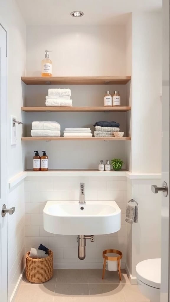 A clean and stylish bathroom featuring open wooden shelving with neatly arranged towels and toiletries.