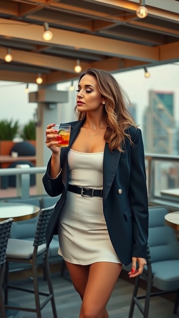 A stylish woman wearing an oversized blazer and mini skirt, holding a colorful drink.