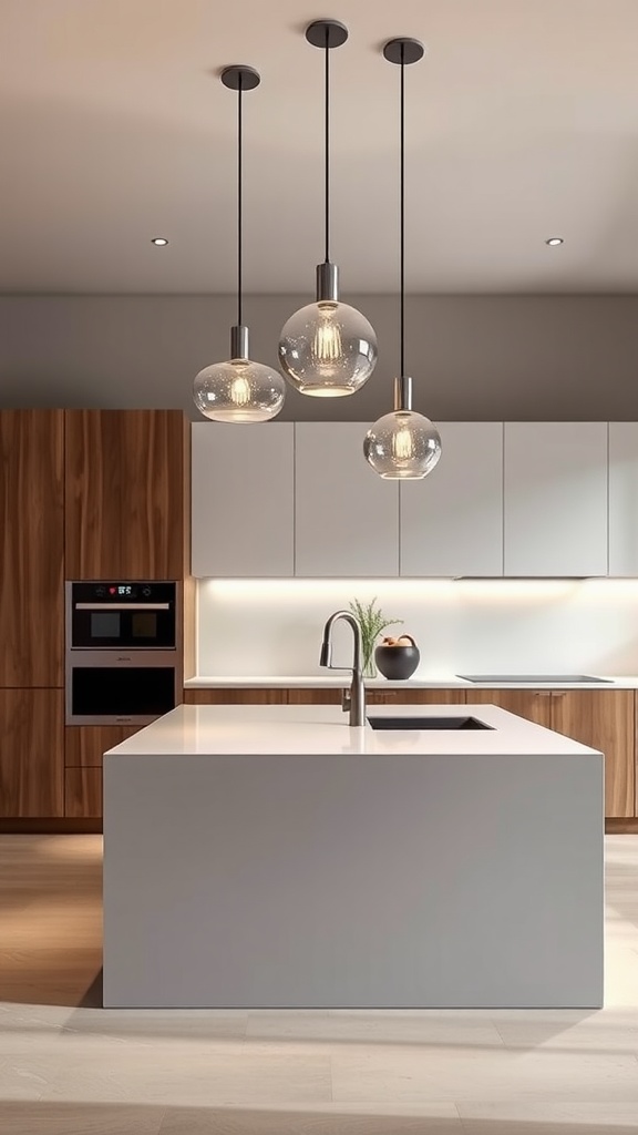Stylish pendant lights hanging over a modern kitchen island.