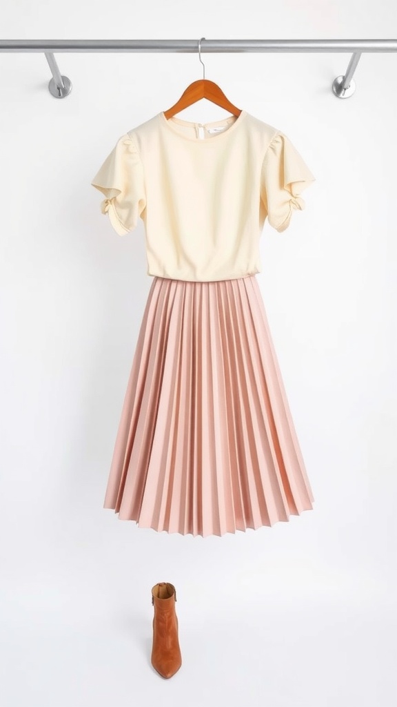 A stylish outfit featuring a pastel pink pleated skirt, a cream top with puff sleeves, and a brown ankle boot.