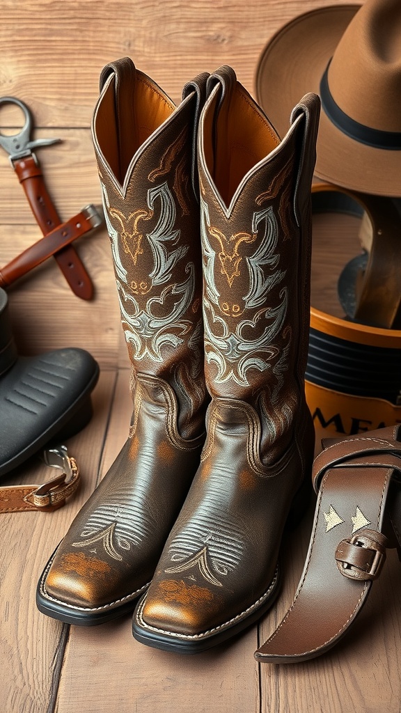 Stylish plus size cowboy boots with intricate embroidery and a rich brown color