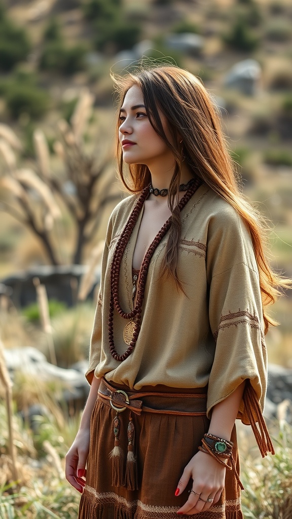 A woman wearing a boho-inspired outfit similar to Pocahontas, featuring a flowy top, long skirt, and layered accessories.