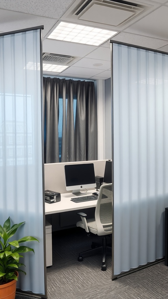 A small office space with light blue partition curtains, a desk with an iMac, and a plant.
