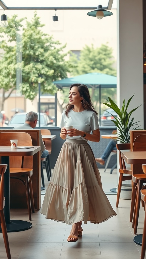 A woman walking in a cafe wearing a tiered beige skirt and a white tee, enjoying a casual date outfit.