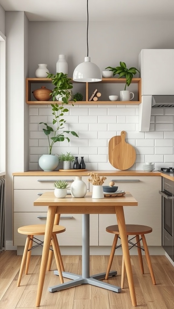 Stylish small kitchen table with two stools in a modern kitchen setting, decorated with plants and kitchenware.
