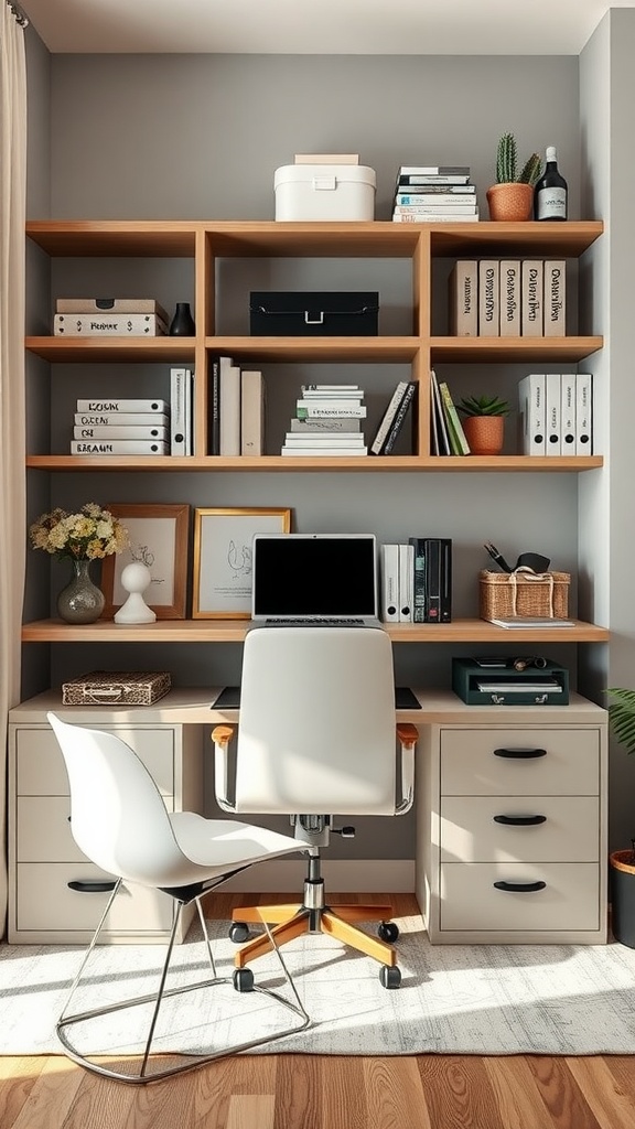 A modern home office with stylish storage options including open shelves, a desk, and decorative items.