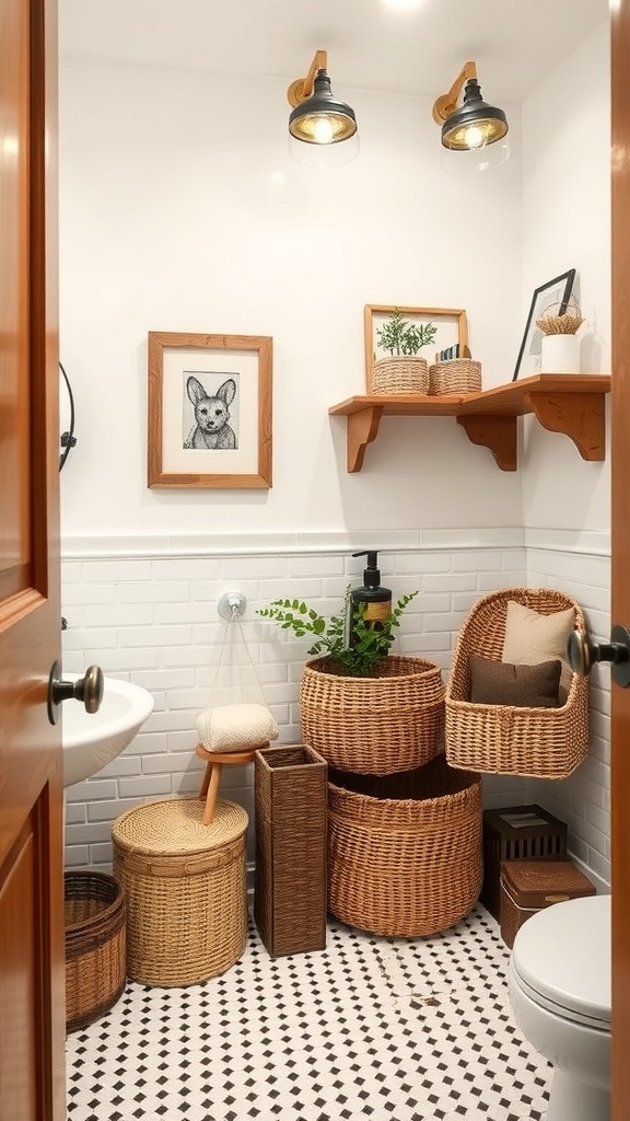 Stylish bathroom with woven baskets and open shelving for storage.
