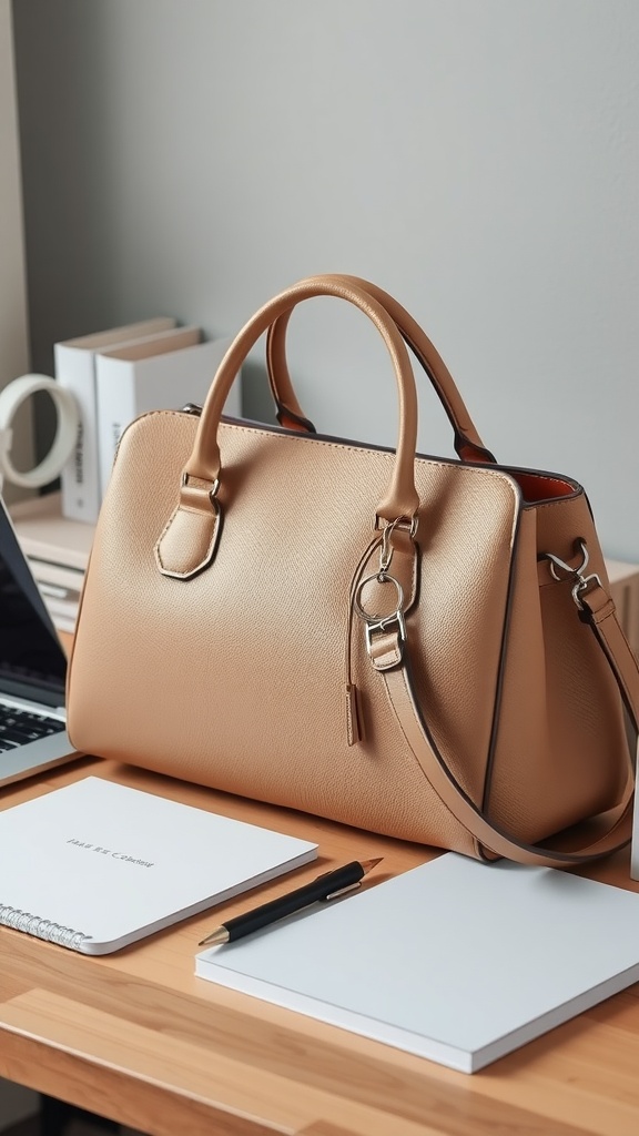 A tan structured handbag on a wooden desk with notebooks and a pen.