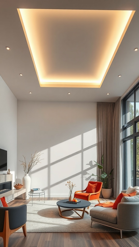 Stylish suspended ceiling with warm lighting in a modern living room