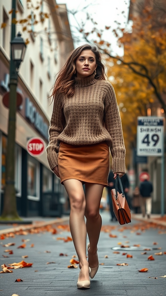 A woman walking in an autumn setting wearing a stylish sweater and a dressy skirt.