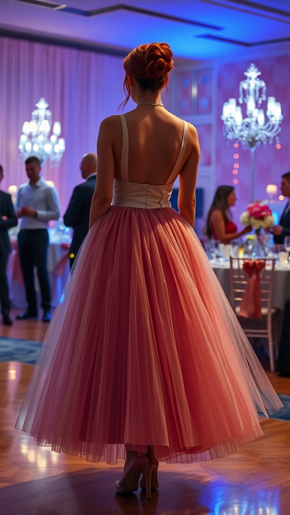 A woman in a stylish pink tulle skirt and fitted top, standing elegantly with her back to the camera in a festive setting.