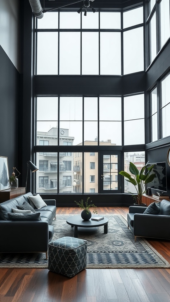 Stylish black living room with large windows, leather sofa, and modern decor in an urban loft.