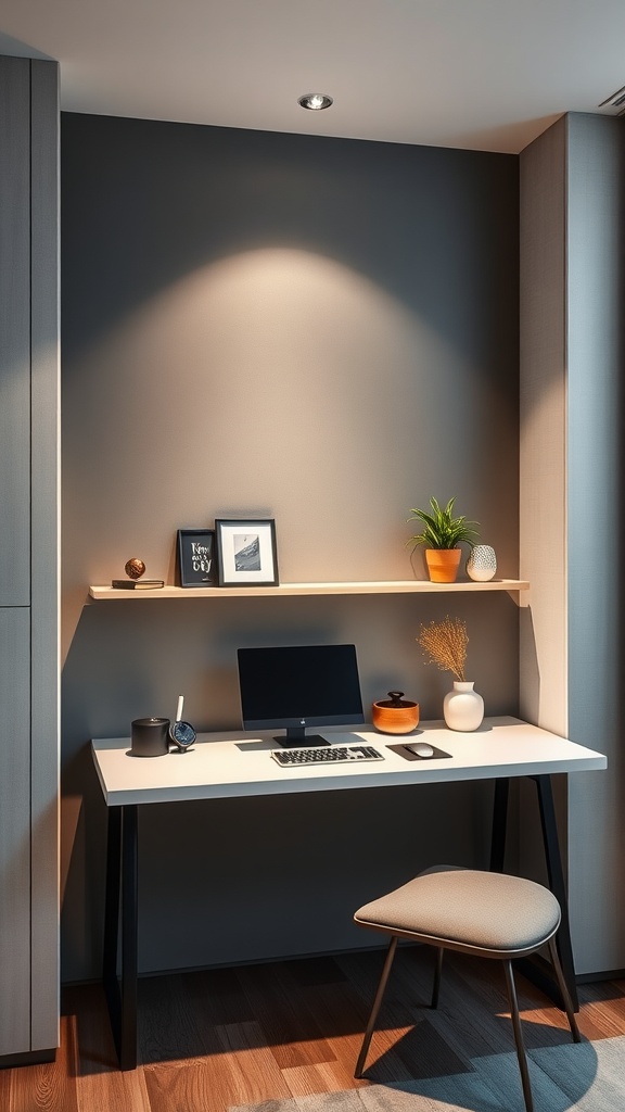 A stylish wall-mounted desk in a small office space with decorative items on a shelf.